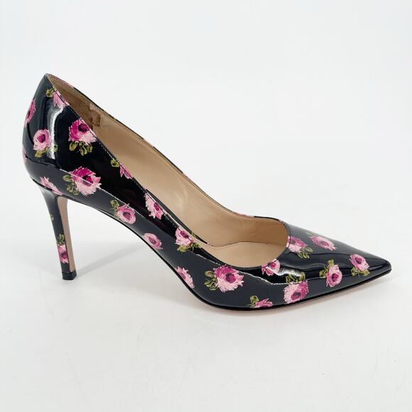 Prada Black Pink Patent Leather Rose Floral Print Pointed Toe Pump Heel IT 37 - Picture 2 of 12